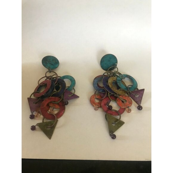 Vtg 1960's Handmade Mod Dangle 5 Drop Circles Clip On Earrings Deep Blue - Picture 4 of 8